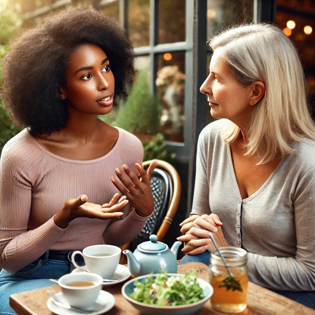 A Black woman and-a White woman engaged in a deep conversation about menopause.